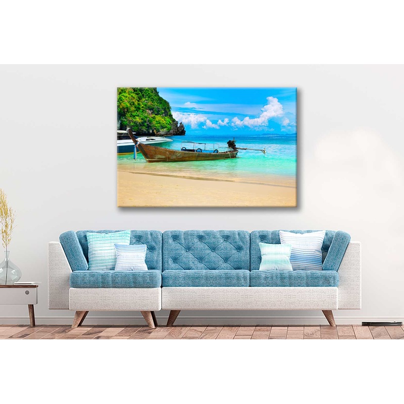 Bella Home Island View Of A Boat With The Sea Print Canvas Ready to hang