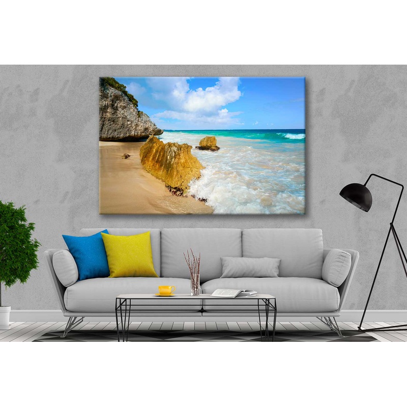 Bella Home Sandy Beach & Rocks Blue Sky View Print Canvas Ready to hang