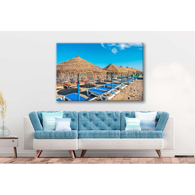Bella Home Sun Loungers & Straw Parasols Print Canvas Ready to hang