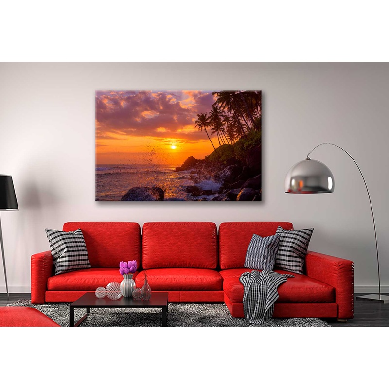 Bella Home Sunset Beach With Palm Trees & Rocks Print Canvas Ready to hang