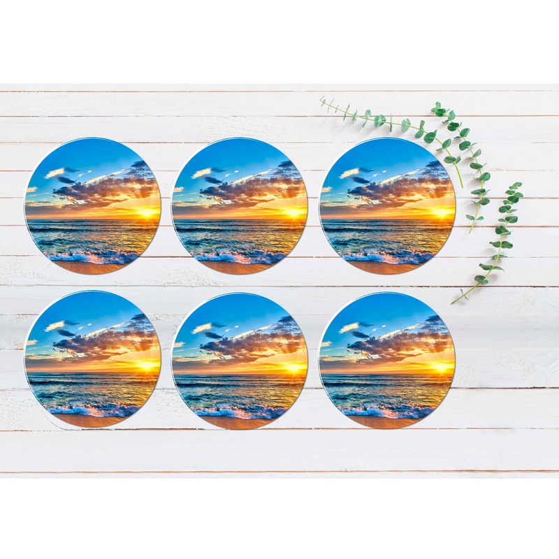 Sunset Beach View Coasters Wood & Rubber - Set of 6 Coasters