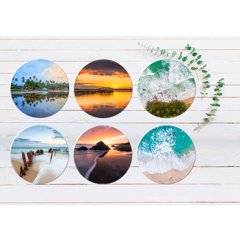 Sunset Beach Wooden Bridge Seawaves Coasters Wood & Rubber - Set of 6 Coasters