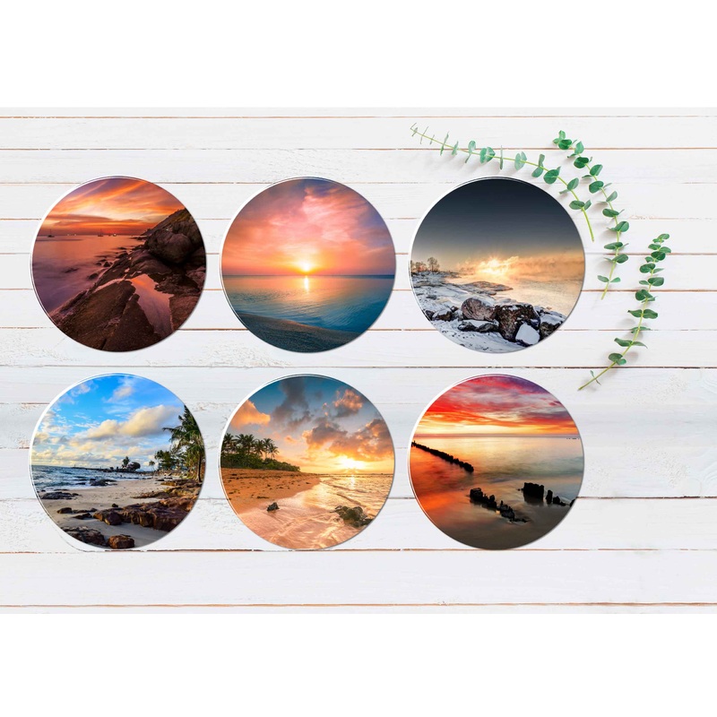 Sunset Palm Trees Beach Cloudy Sky Coasters Wood & Rubber - Set of 6 Coasters