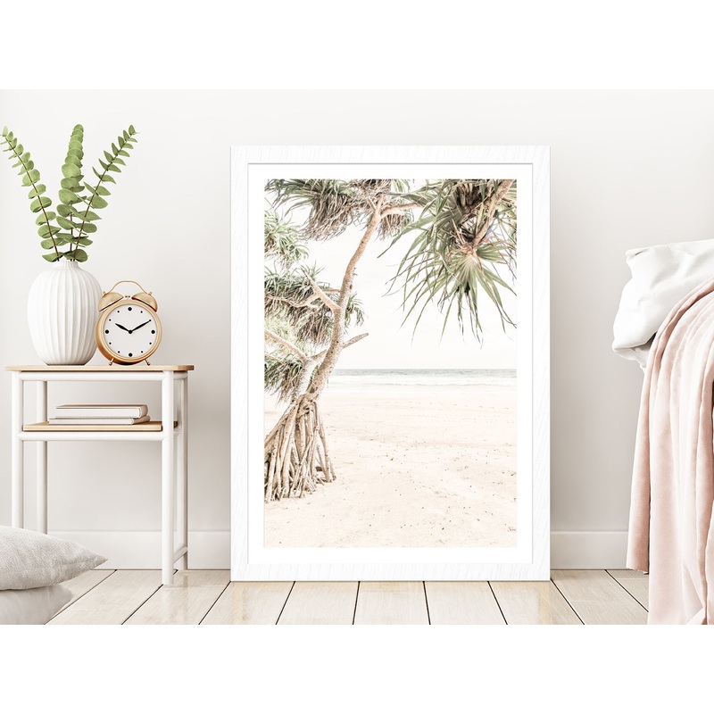 Trees near Sandy Beach View Photograph Glass Framed Wall Art, Ready to Hang Quality Print