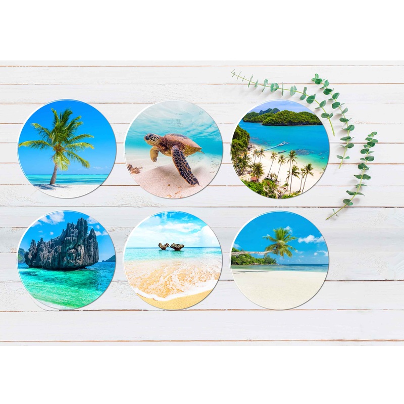 Turtle Rocks on Sea Palm Trees Beach Coasters Wood & Rubber - Set of 6 Coasters