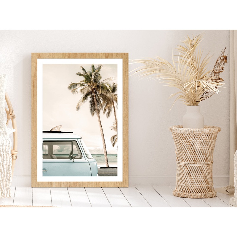 Van near Palm Beach Faded Photograph Glass Framed Wall Art, Ready to Hang Quality Print