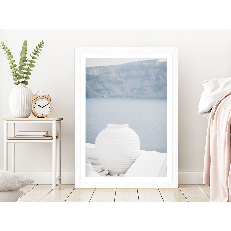 White Pot near Sea Photograph Glass Framed Wall Art, Ready to Hang Quality Print