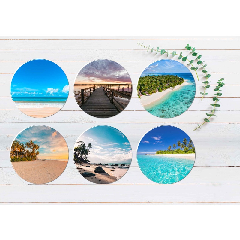 Wooden Bridge Palm Tree Beach Scenery Coasters Wood & Rubber - Set of 6 Coasters