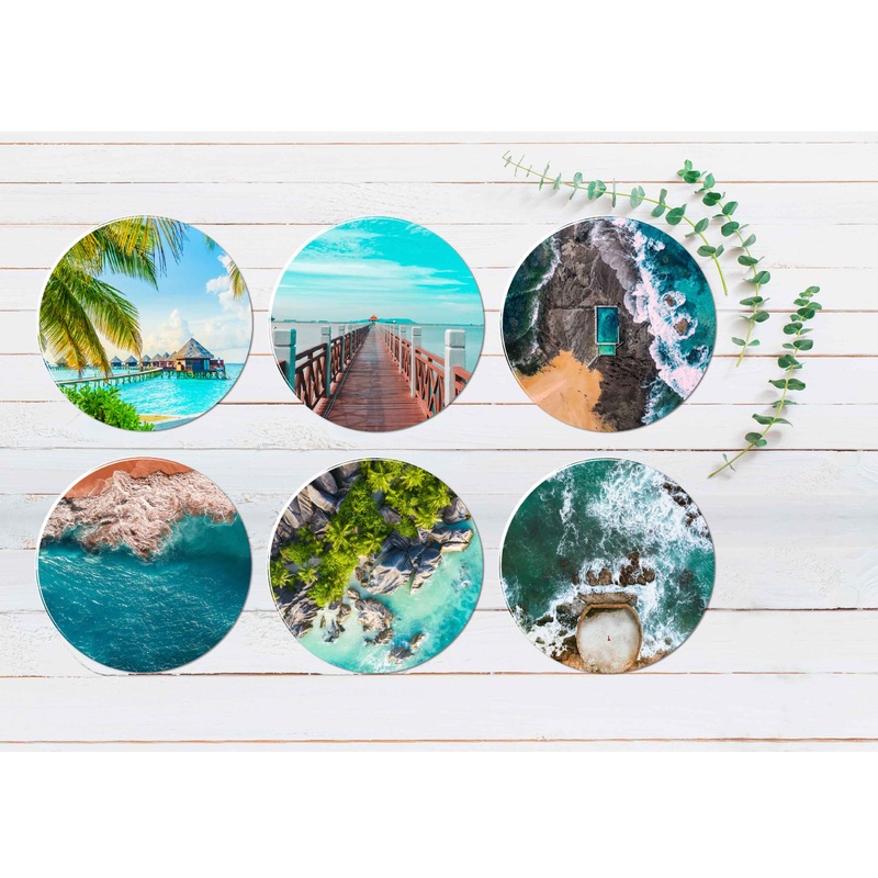 Wooden Bridge Rocky Seashore Blue Sky Coasters Wood & Rubber - Set of 6 Coasters