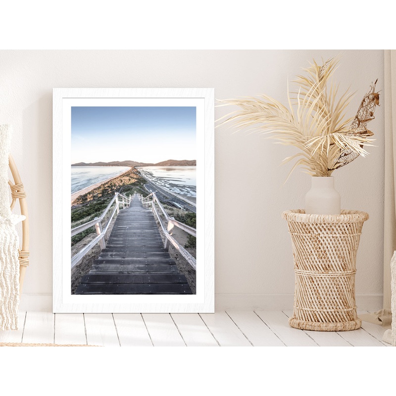 Wooden Path & Beach View Photograph Glass Framed Wall Art, Ready to Hang Quality Print