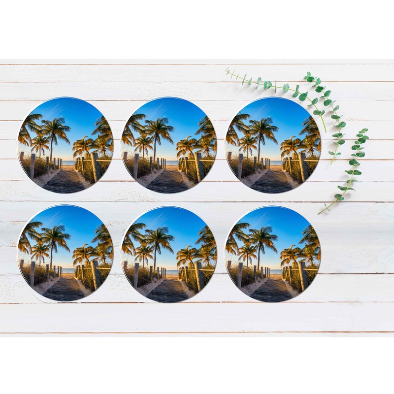 Wooden Path & Palms Beach Scenery Coasters Wood & Rubber - Set of 6 Coasters