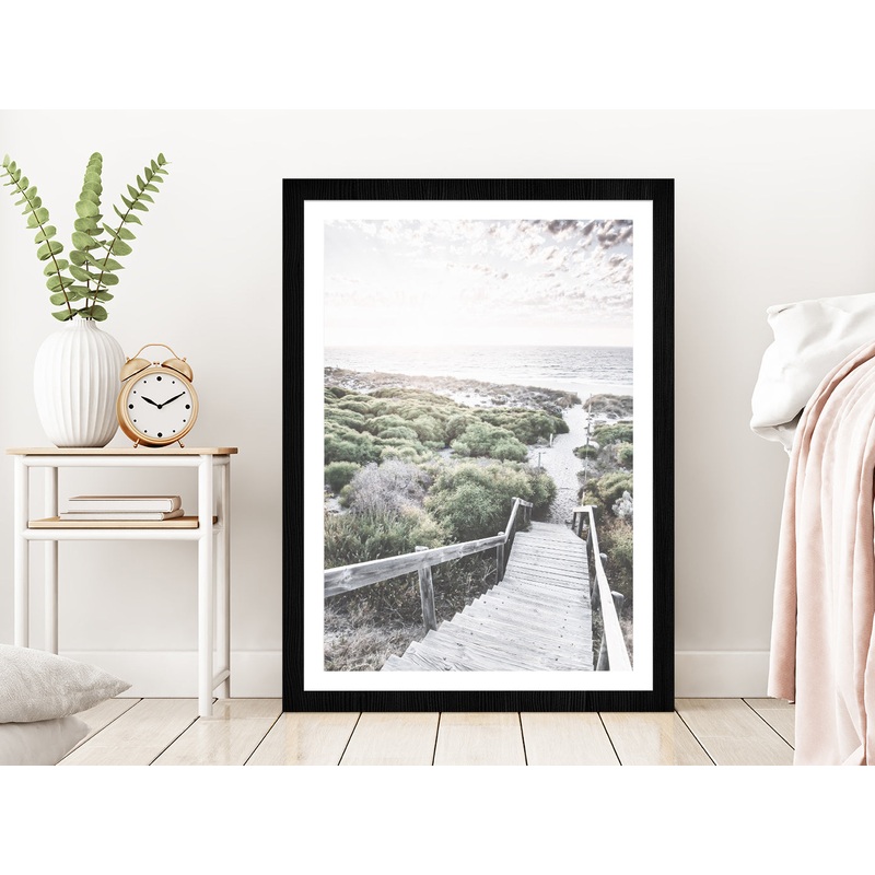Wooden Path & Sea Dunes Beach Photograph Glass Framed Wall Art, Ready to Hang Quality Print