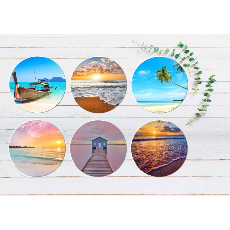 Wooden Pier Beach House Sunset Beach Coasters Wood & Rubber - Set of 6 Coasters