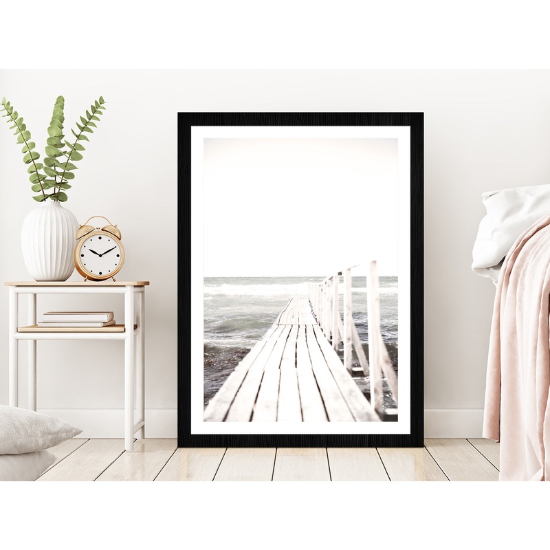 Wooden Pier near Beach Faded Photograph Glass Framed Wall Art, Ready to Hang Quality Print