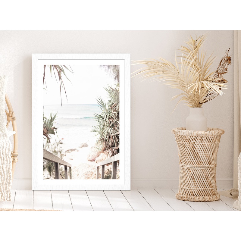 Wooden Pier & Trees near Beach Faded Photograph Glass Framed Wall Art, Ready to Hang Quality Print