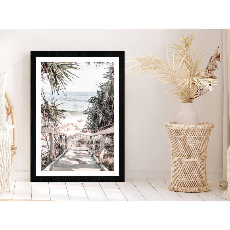 Wooden Pier & Trees near Rocky Beach Glass Framed Wall Art, Ready to Hang Quality Print
