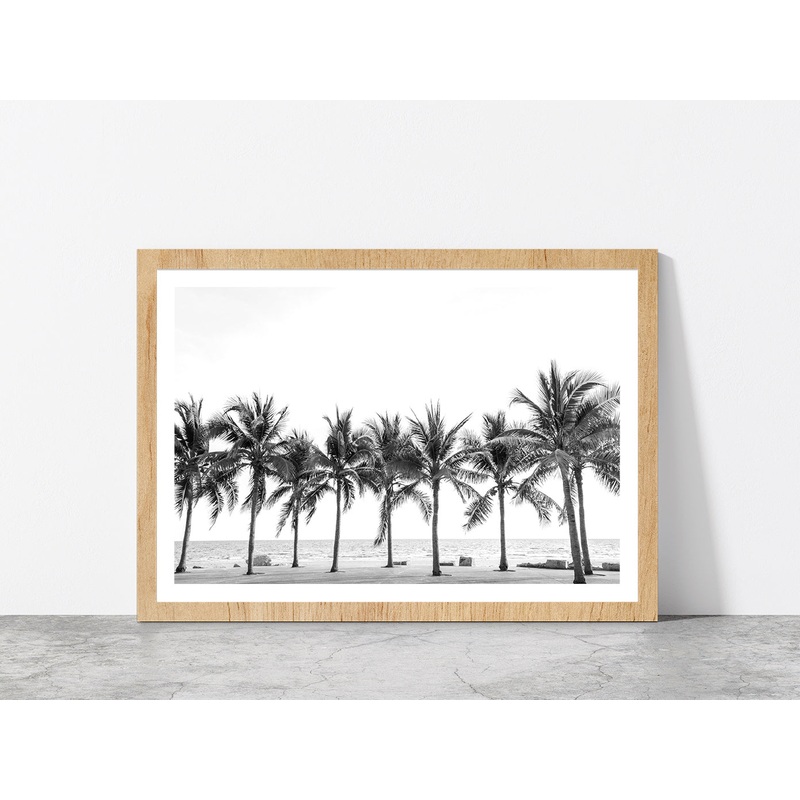 B&W Palm Trees near Beach Photograph Glass Framed Wall Art, Ready to Hang Quality Print