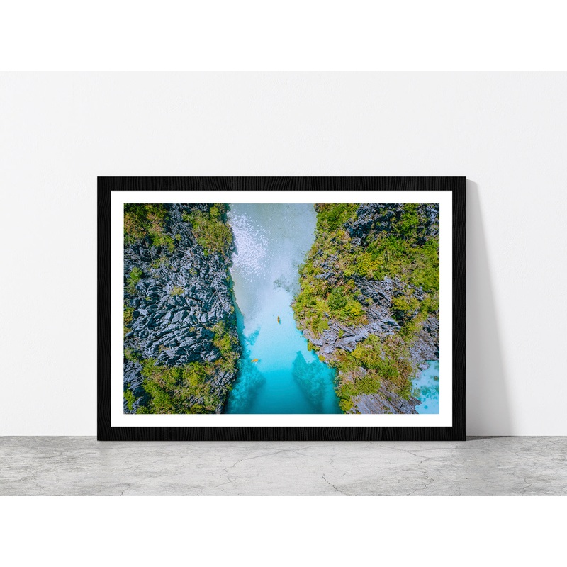 Bay Of Water Surrounded By Cliffs Glass Framed Wall Art, Ready to Hang Quality Print