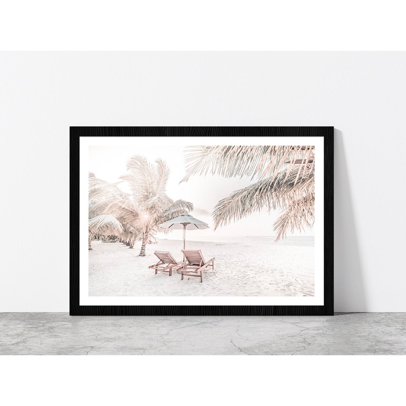 Beach Hut & Chair with Palm Trees on Sandy Seashore Glass Framed Wall Art, Ready to Hang Quality Print