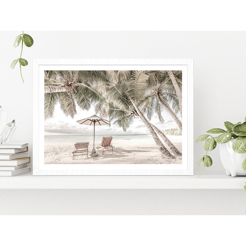 Beach Hut & Palm Trees near Sand Beach Photograph Glass Framed Wall Art, Ready to Hang Quality Print