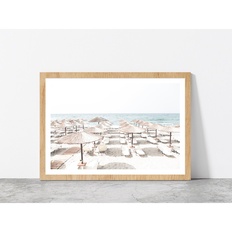 Beach Huts & Chairs near Beach Faded Photograph Glass Framed Wall Art, Ready to Hang Quality Print
