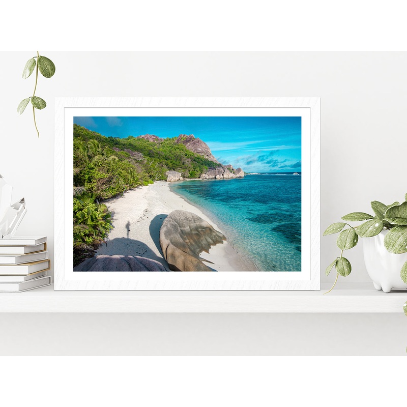 Beach Of Seychelles In La Digue Glass Framed Wall Art, Ready to Hang Quality Print