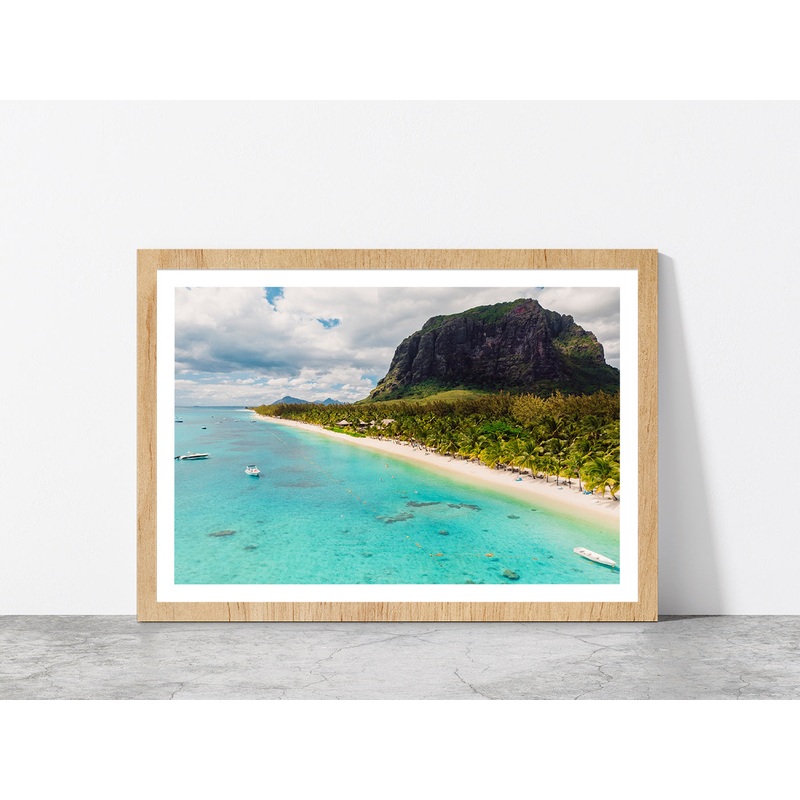 Beach With Le Morne Mountain Glass Framed Wall Art, Ready to Hang Quality Print