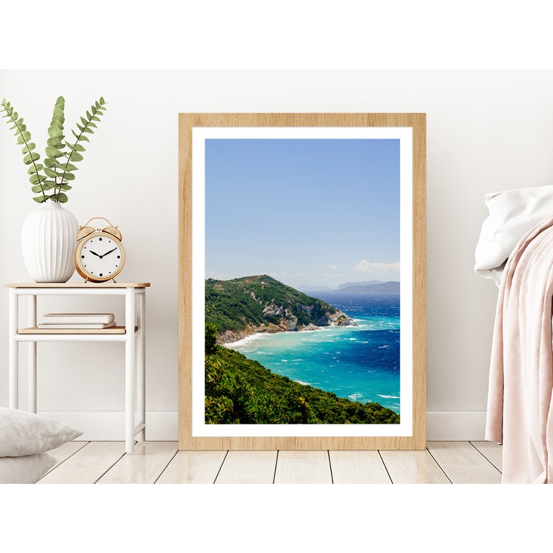 Blue Aegean Sea Coast & Forest Photograph Glass Framed Wall Art, Ready to Hang Quality Print