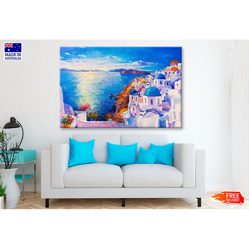 Blue Sea & Santorini White Houses Oil Painting Wall Art Limited Edition High Quality Print
