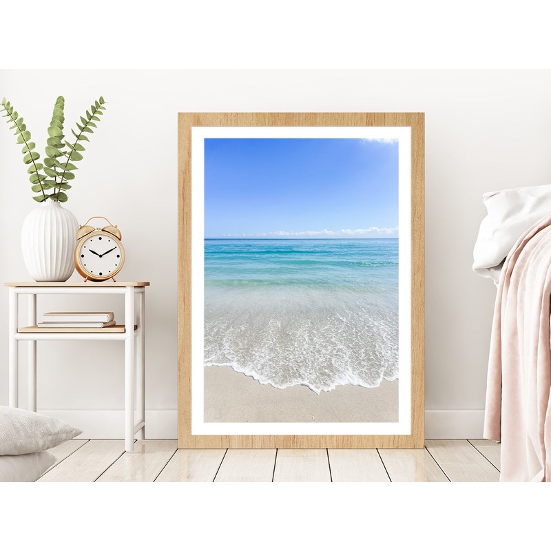 Blue Sky & Beach Waves on Sand Photograph Glass Framed Wall Art, Ready to Hang Quality Print