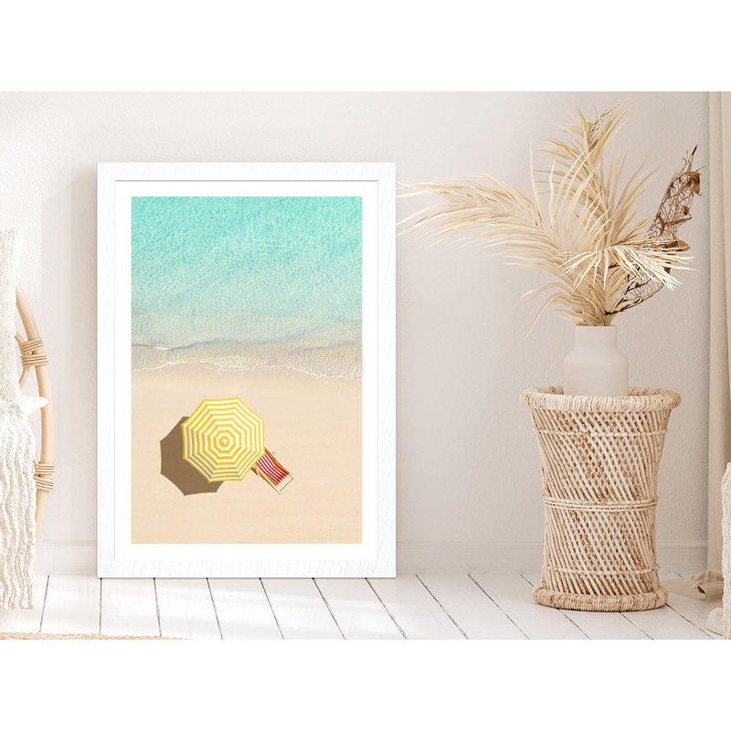 Sunbed & Yellow Umbrella near Sea Aerial View Glass Framed Wall Art, Ready to Hang Quality Print