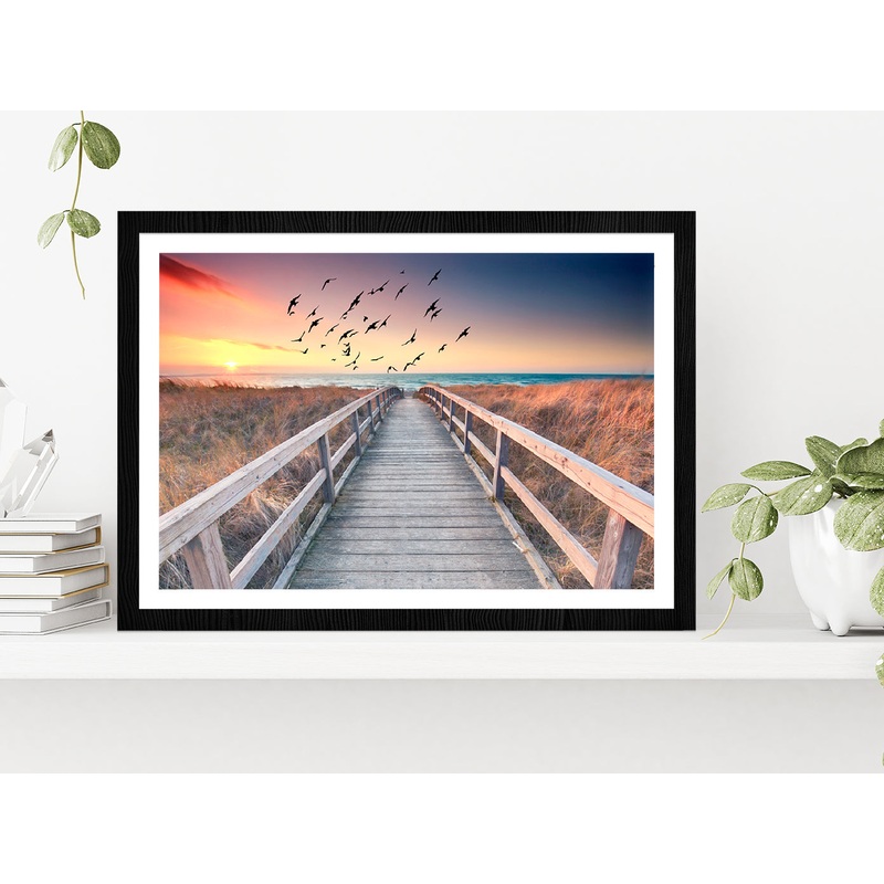 Sunset At Wooden Beach Way Glass Framed Wall Art, Ready to Hang Quality Print