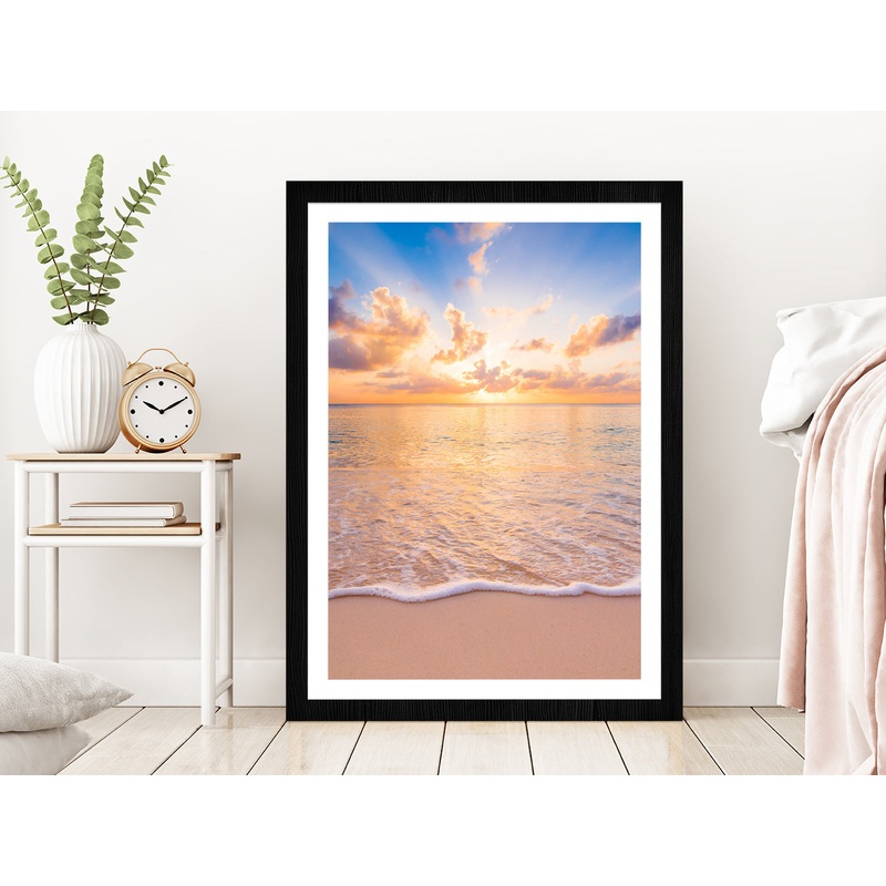Sunset Sky Beach & Seawaves Photograph Glass Framed Wall Art, Ready to Hang Quality Print