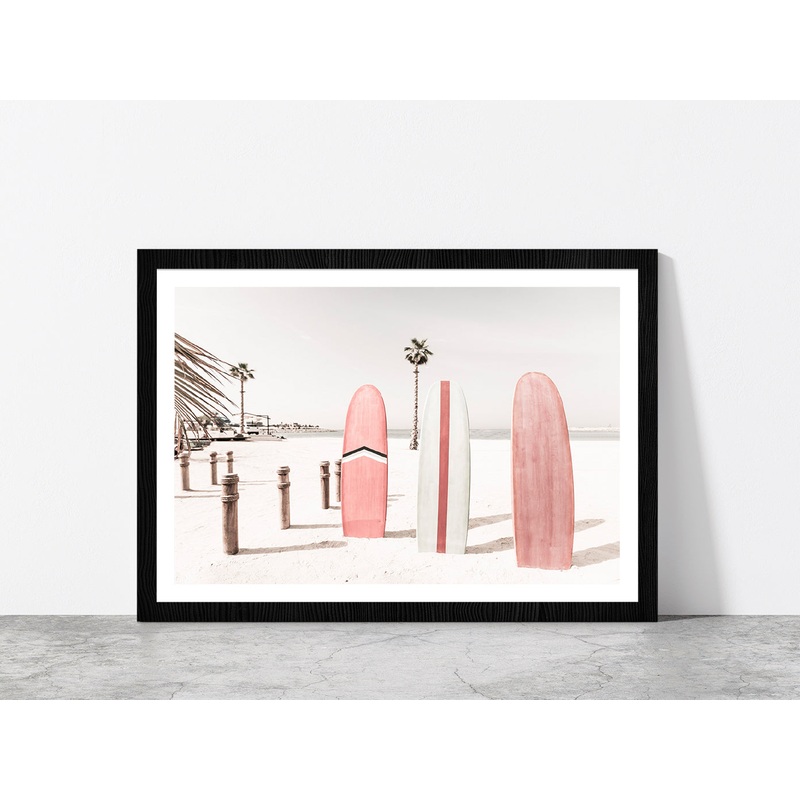Surf Board Sea Bay & Palm Trees Photograph Glass Framed Wall Art, Ready to Hang Quality Print