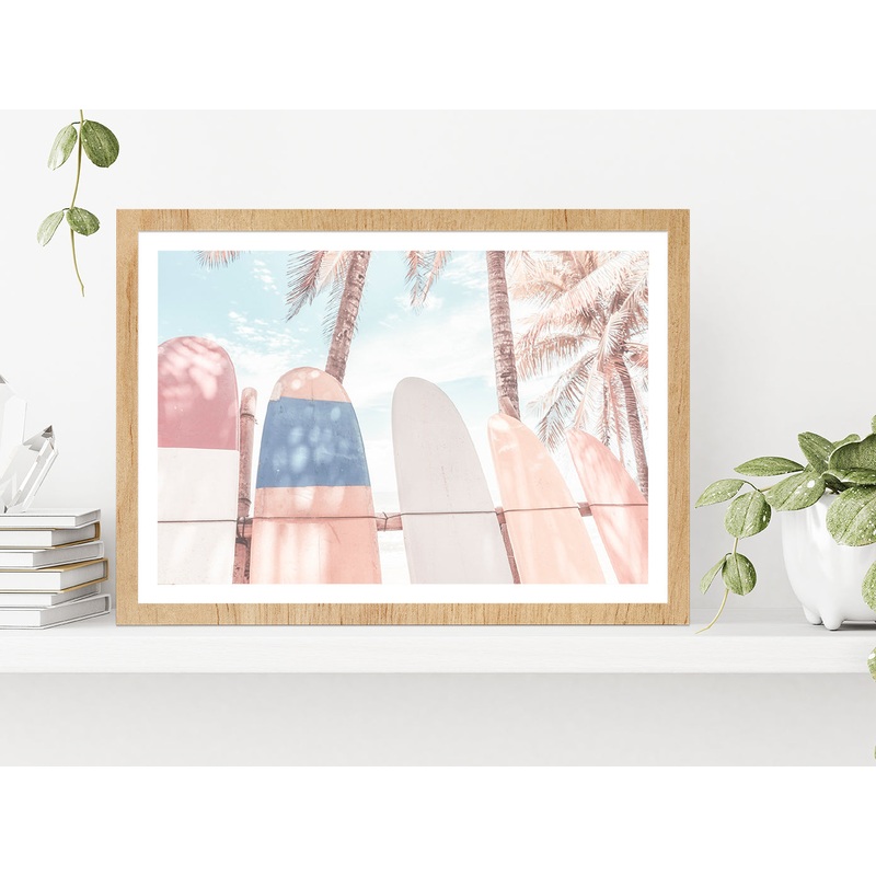 Surf Boards & Palm Trees Beach Faded Photograph Glass Framed Wall Art, Ready to Hang Quality Print