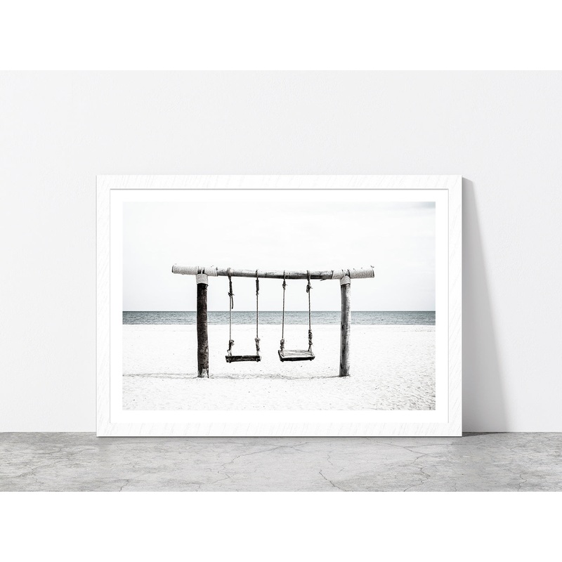 Swing near Sand Beach B&W View Photograph Glass Framed Wall Art, Ready to Hang Quality Print