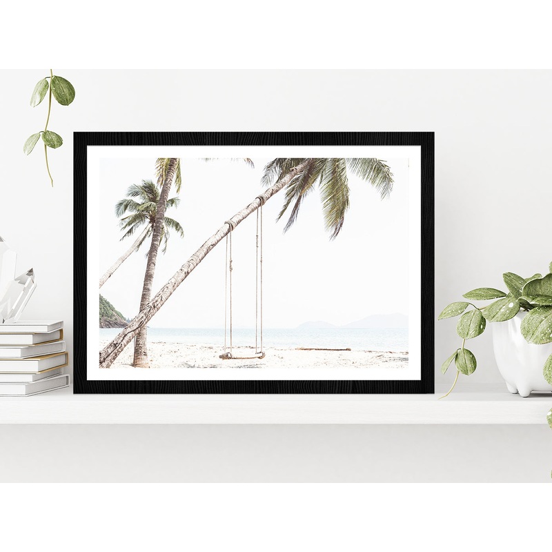 Swing on Beach & Palm Tree Faded Photograph Glass Framed Wall Art, Ready to Hang Quality Print