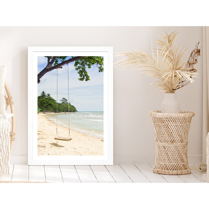Swing Tree Sand Beach View at Thailand Glass Framed Wall Art, Ready to Hang Quality Print