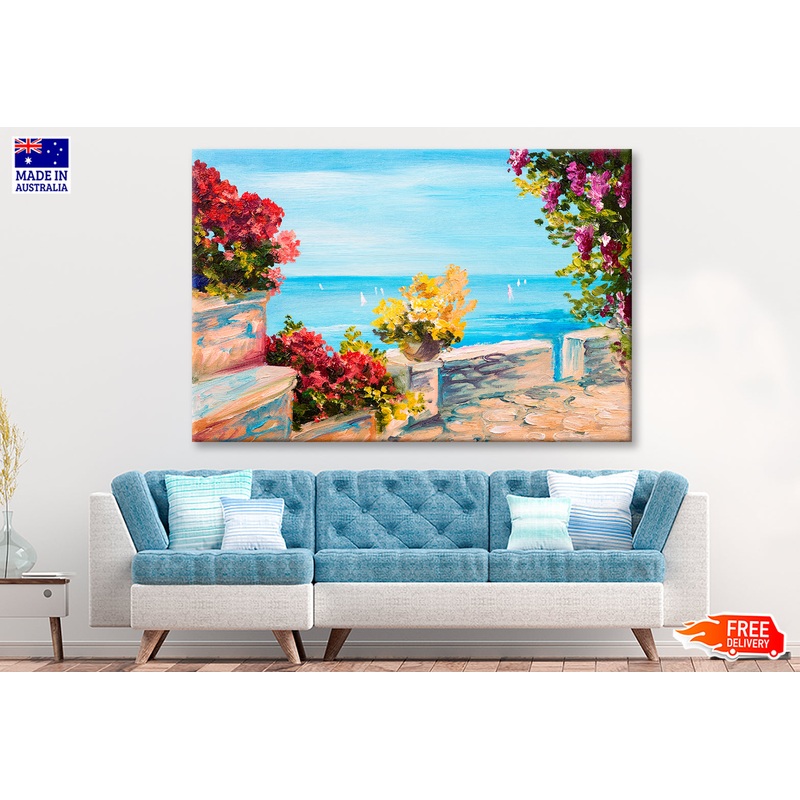 Terrace Near The Sea & Flowers Oil Painting Wall Art Limited Edition High Quality Print