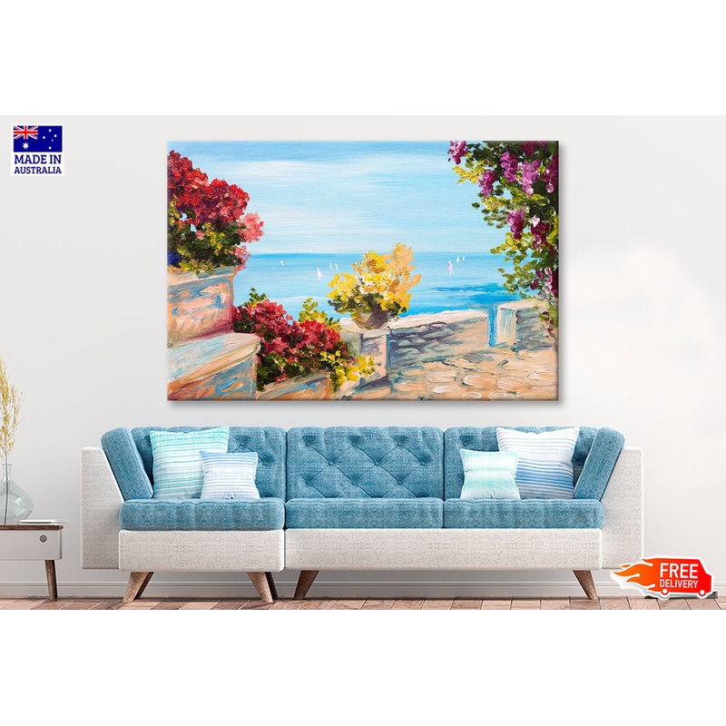 Terrace Near The Sea With Flowers Garden Oil Painting Wall Art Limited Edition High Quality Print