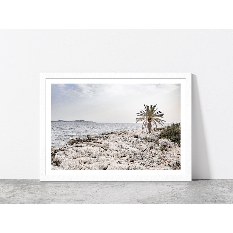 Tree on Rocks near Sea Faded Photograph Glass Framed Wall Art, Ready to Hang Quality Print