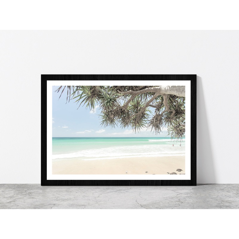 Trees near Sand Beach & Seawaves Photograph Glass Framed Wall Art, Ready to Hang Quality Print