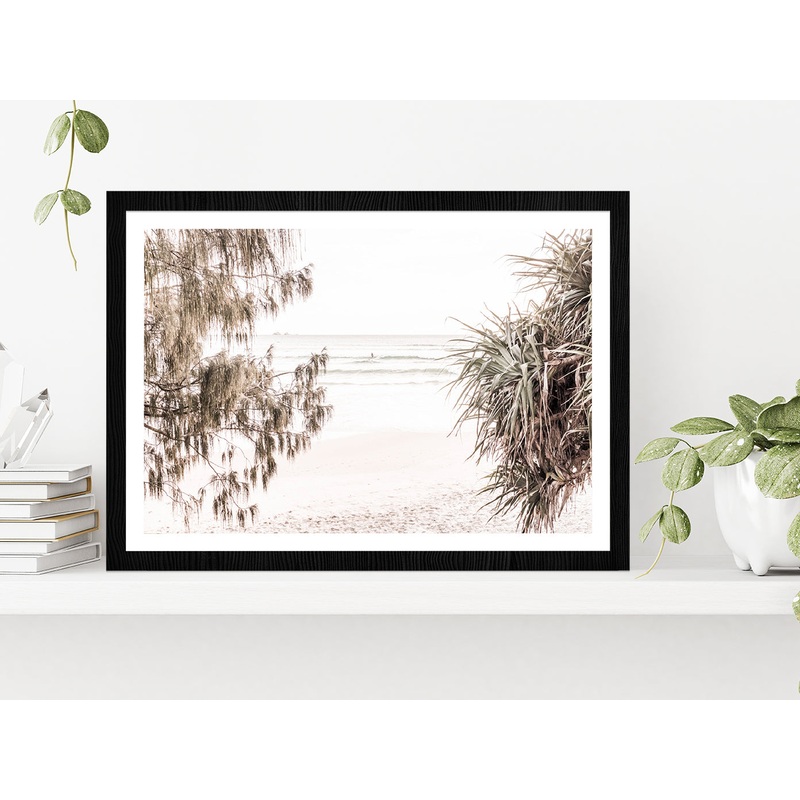 Trees near Sandy Seashore Faded Photograph Glass Framed Wall Art, Ready to Hang Quality Print
