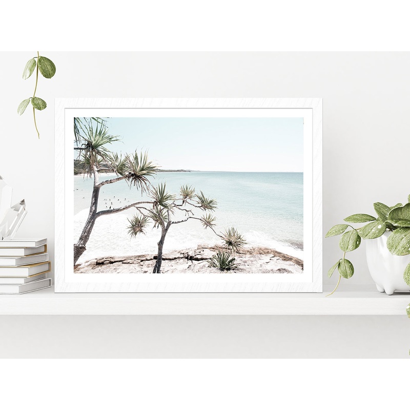 Trees on Rocks near Sea Faded Photograph Glass Framed Wall Art, Ready to Hang Quality Print