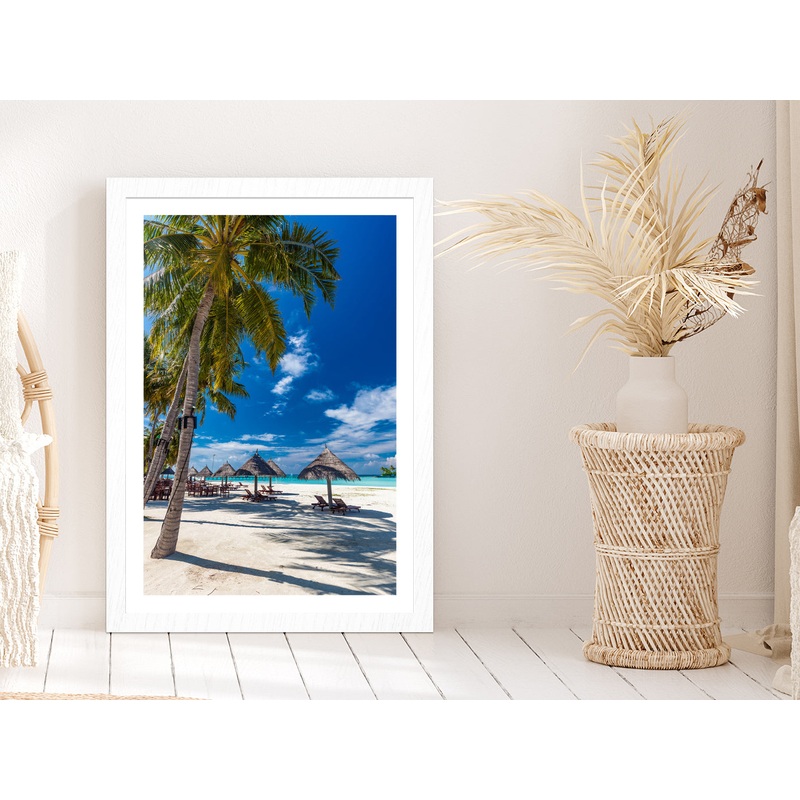 Tropical Beach in Maldives with Palm Trees Photograph Glass Framed Wall Art, Ready to Hang Quality Print