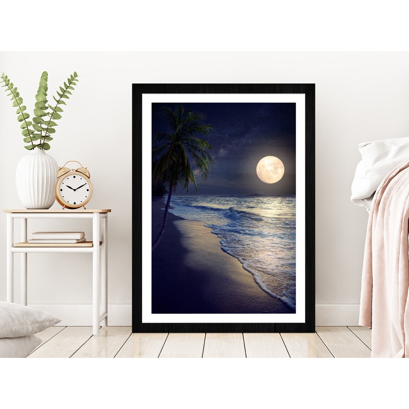 Tropical Beach with Milky Way Moon in Night Photograph Glass Framed Wall Art, Ready to Hang Quality Print