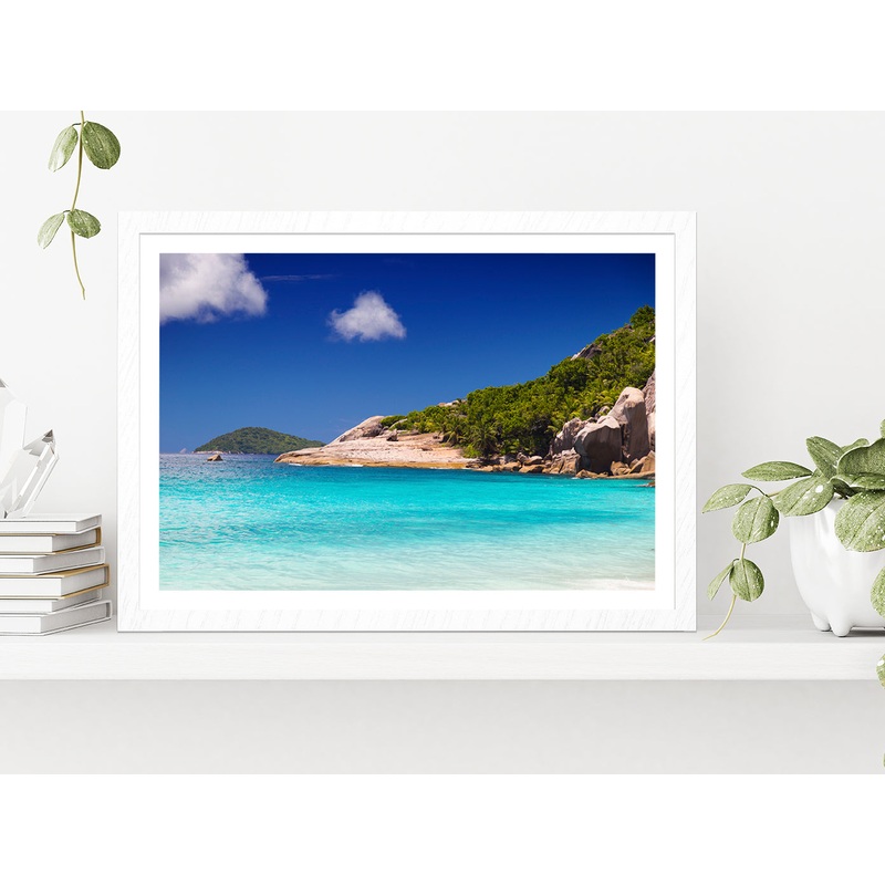 Tropical Beach With Palm Trees Glass Framed Wall Art, Ready to Hang Quality Print