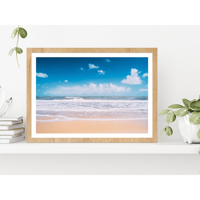 Tropical Beach With Sea Waves Glass Framed Wall Art, Ready to Hang Quality Print