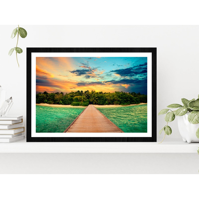 Tropical Island & Blue Orange Sky Glass Framed Wall Art, Ready to Hang Quality Print