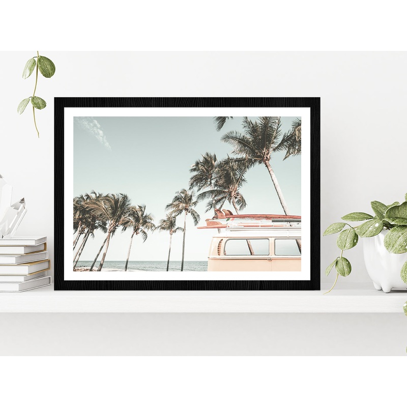 Van & Palm Trees near Beach Photograph Glass Framed Wall Art, Ready to Hang Quality Print